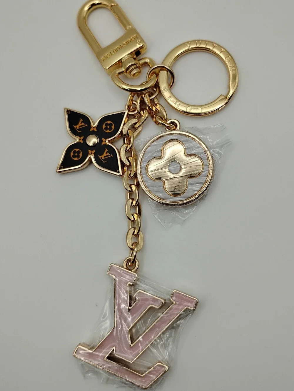 Louis Vuitton Gold & Pink LV Charm Keychain Authentic